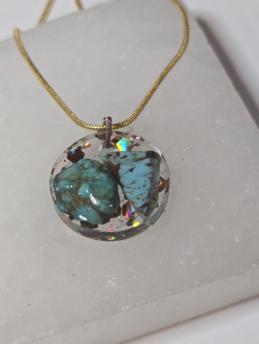 Earth Art Hand Crafted Artisan Turquoise And Gold Resin Round Pendant Necklace